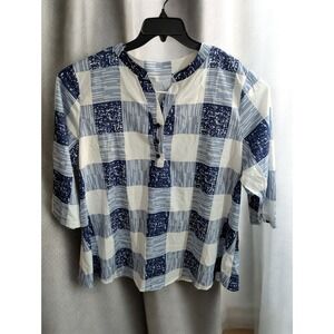 Blue White Top Plus Size 3XL XXX Checkered Plaid Blouse Shirt Button Neck 3/4SLV
